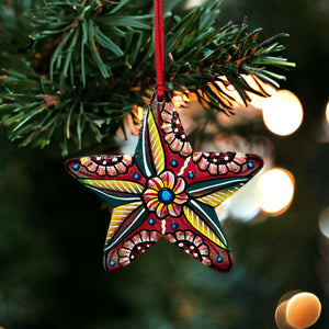 Star Ornament - Red Painted Flower