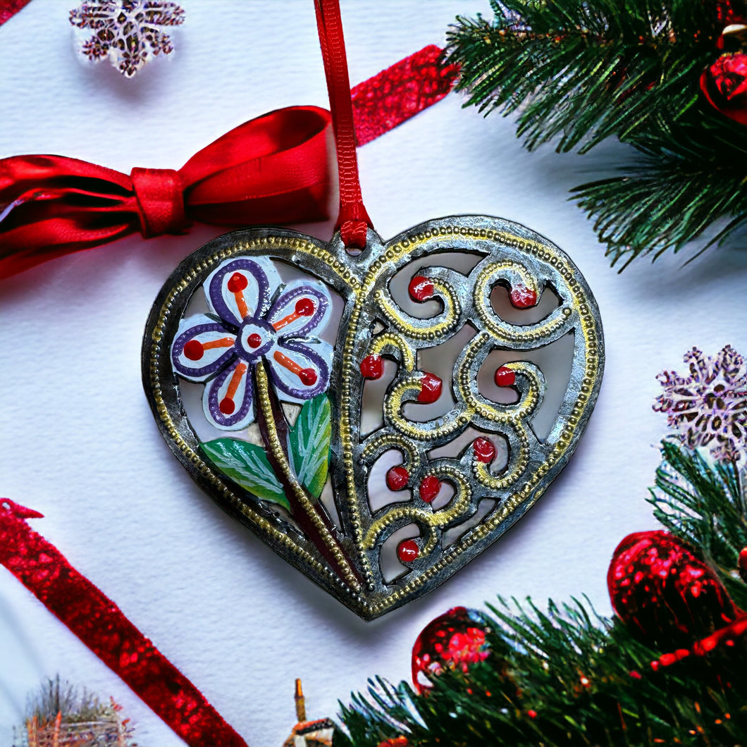 Heart Flower Ornament - Painted