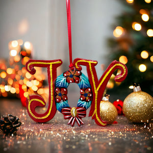 Joy Nativity with Wreath - Painted Ornament