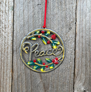 Cursive Peace Ornament - Painted