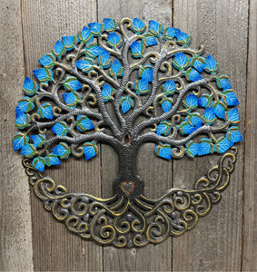 Blue Tree of Life with Heart Trunk and Flowers