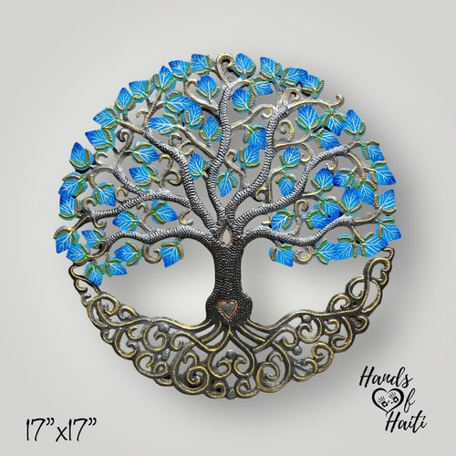 Blue Tree of Life with Heart Trunk and Flowers